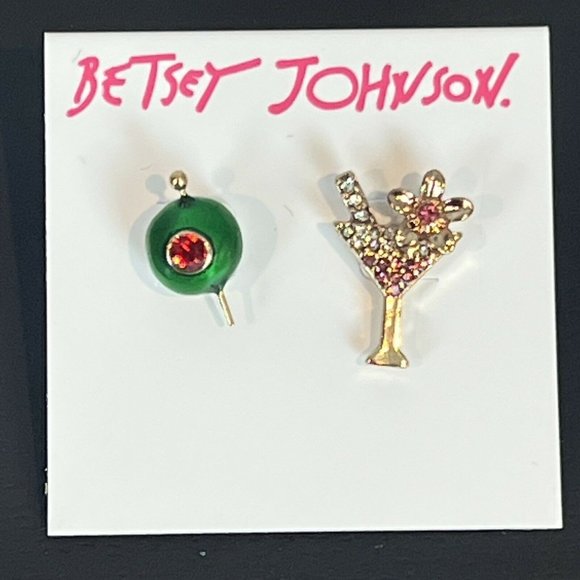 Betsey Johnson Jewelry - New Betsey Johnson Pave Cocktail Martini & Green Olive Mismatch Stud Earrings